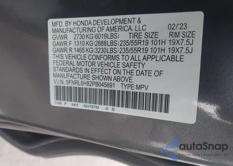 2023 Honda Odyssey Touring из США, поврежденный, VIN 5FNRL6H82PB045691